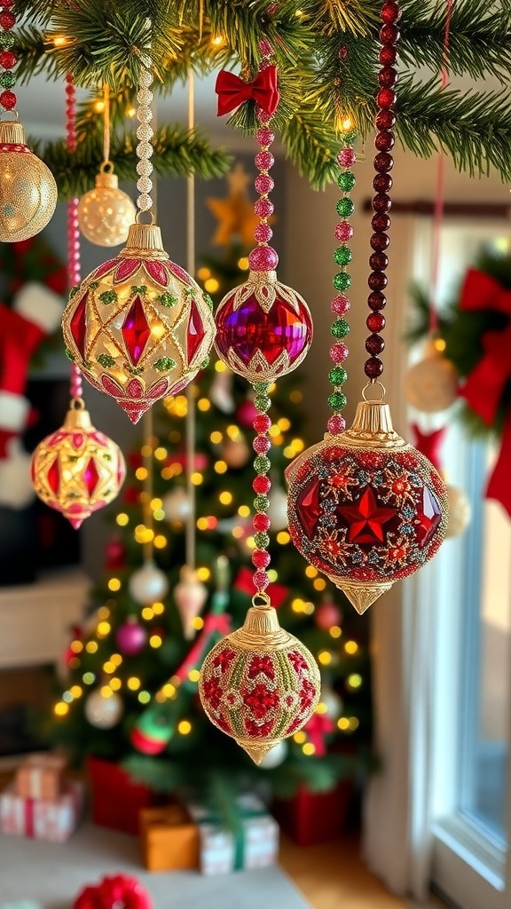 Colorful beaded Christmas ornaments hanging on a tree, showcasing unique designs and festive colors.